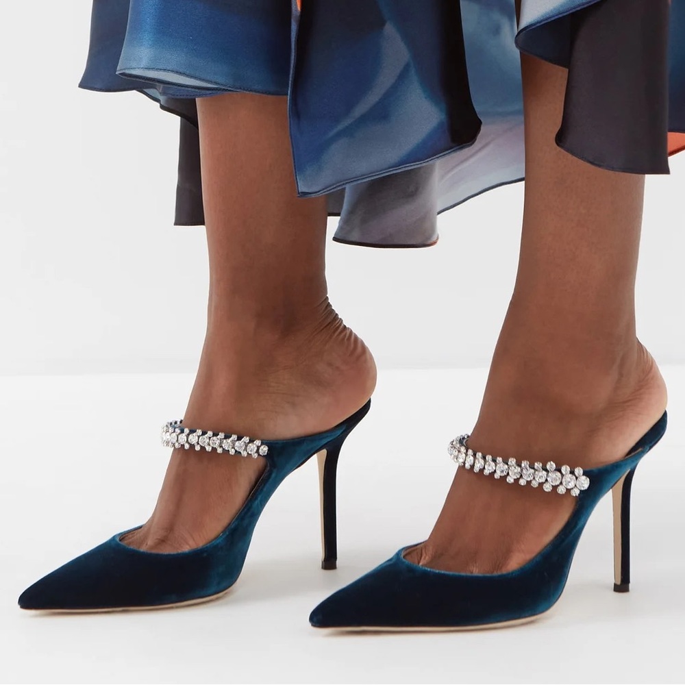 New Jimmy Choo Bing 100 Dragonfly Velvet Pumps with Crystal Strap 37 $995